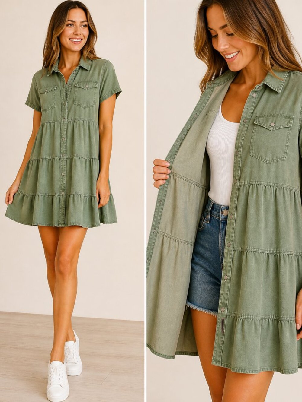 Entro Olive Green Tiered Denim Mineral Washed Mini Dress  Button-Up Shirt Size L
